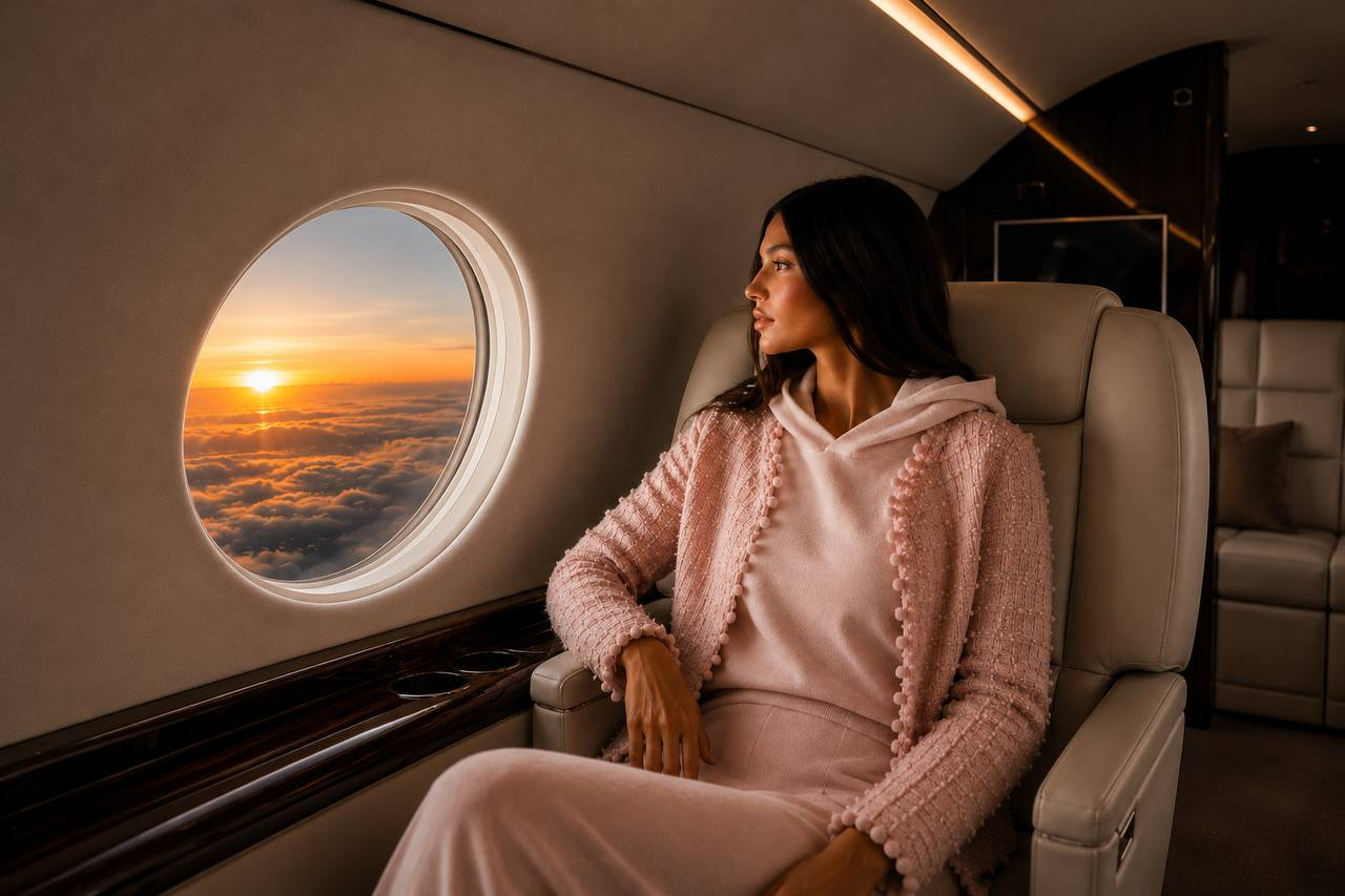 Traveler — a woman in pink knitwear seated inside a private jet, gazing out at sunset above the clouds