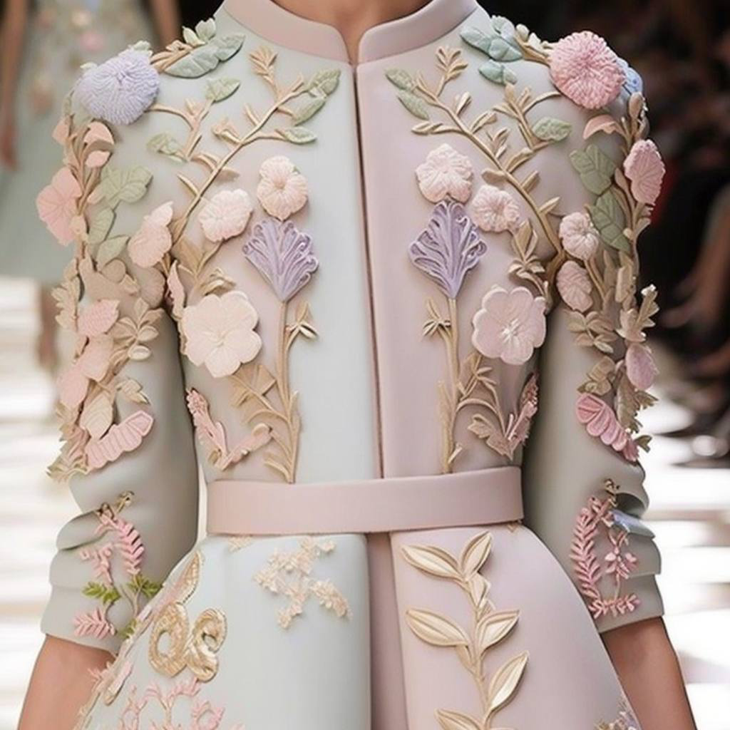 Couture floral embroidery — sculptural botanical appliqué on a tailored silk coat