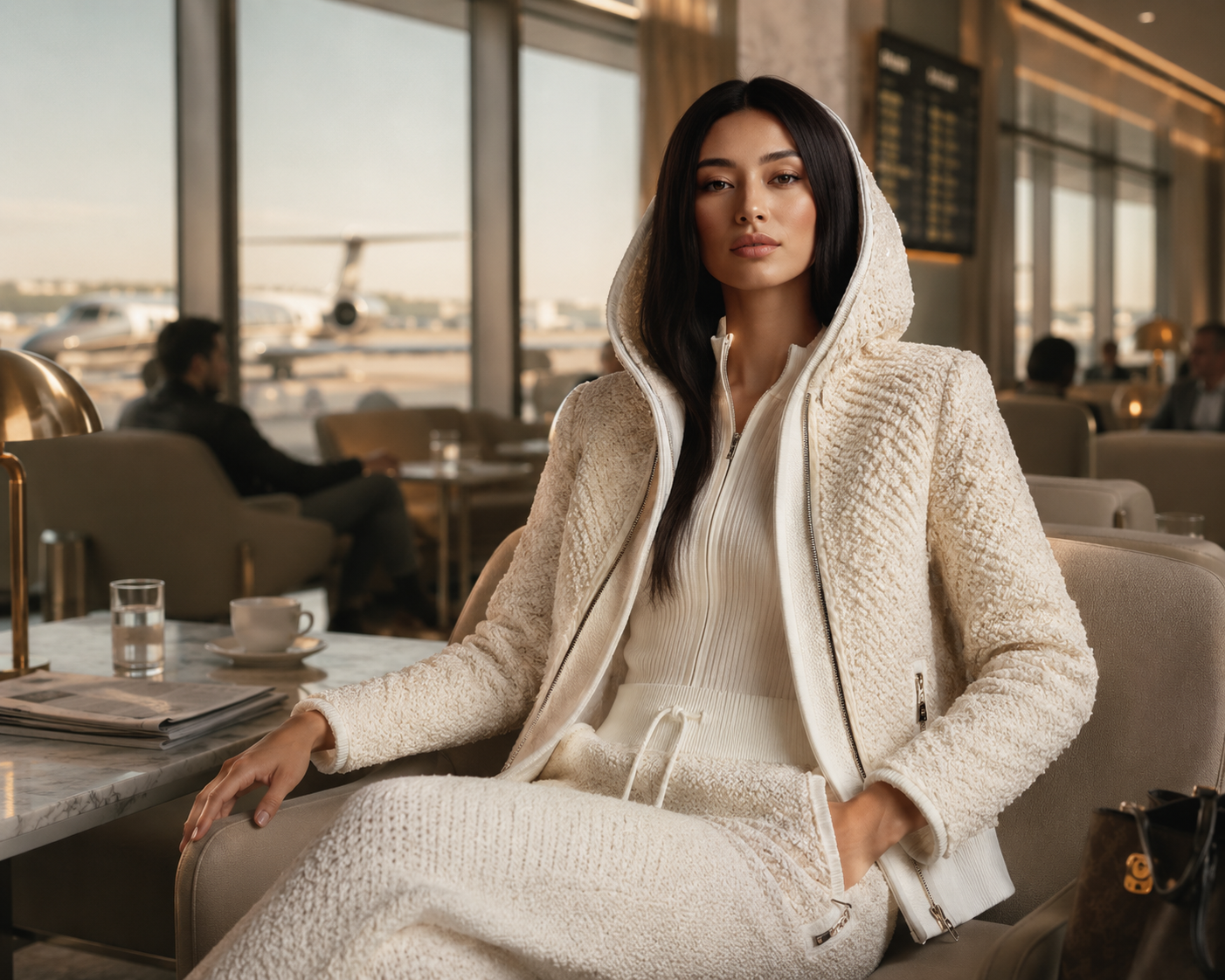 Traveler — a woman in a cream bouclé hooded jacket seated in a private terminal lounge, jets visible through the window